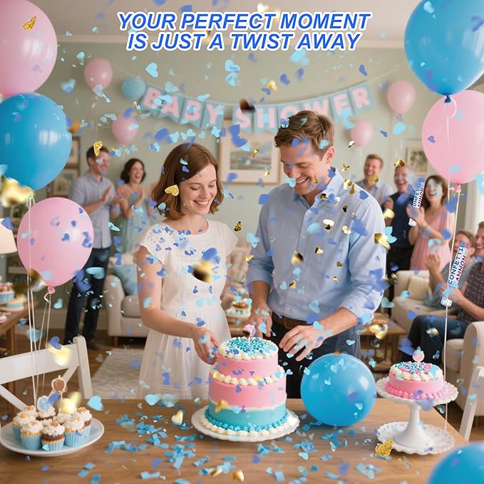 2 Pack Gender Reveal Confetti Cannon, 12 in Blue Heart shaped Paper Party Poppers Cannons, Confetti Poppers For Baby Boy Girl Gender Reveal Baby Showers (Heart, Blue)
