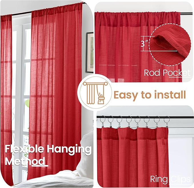BGment Red Linen Curtains 40 Inch Length for Kitchen Window, Short Semi Sheer Drapes with Rod Pocket Light Filtering for Cafe Over Sink Bathroom Lightweight, 2 Panels, Each 30 Inch Wide