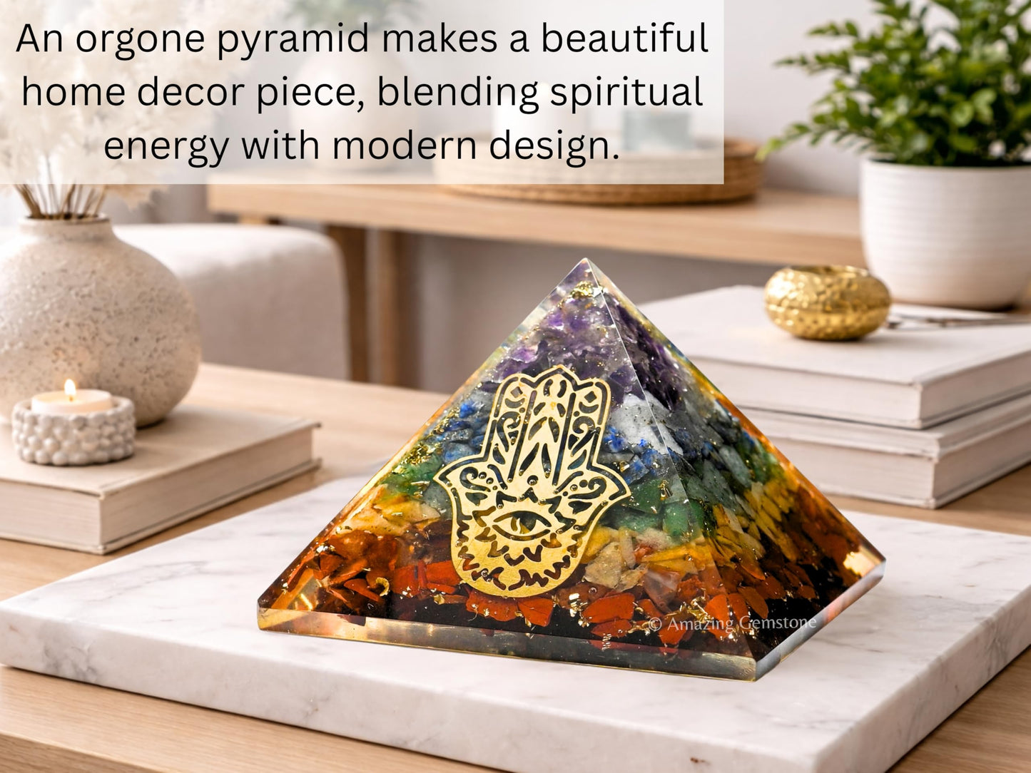 Amazing Gemstone Large Orgone Pyramid | Natural Chakra Pyramid Crystal | Hamza Hand Evil Eye Orgonite Pyramid | Organ Pyramids Positive Energy Healing