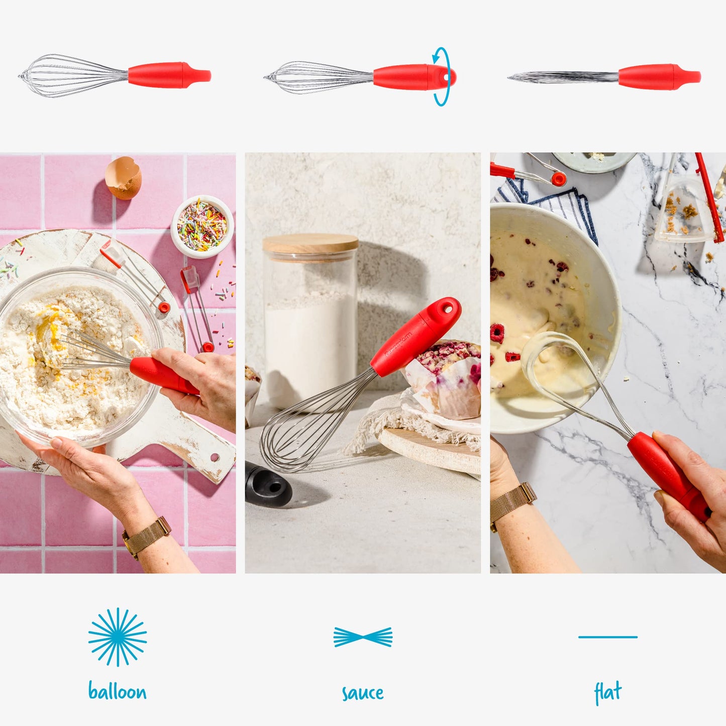 Dreamfarm Mini Flisk 3-in-1 Fold-Flat, Space-Saving Baking & Cooking Balloon Whisk, Sauce Whisk & Flat Deglazing Whisk, Stainless Steel - 9" Red