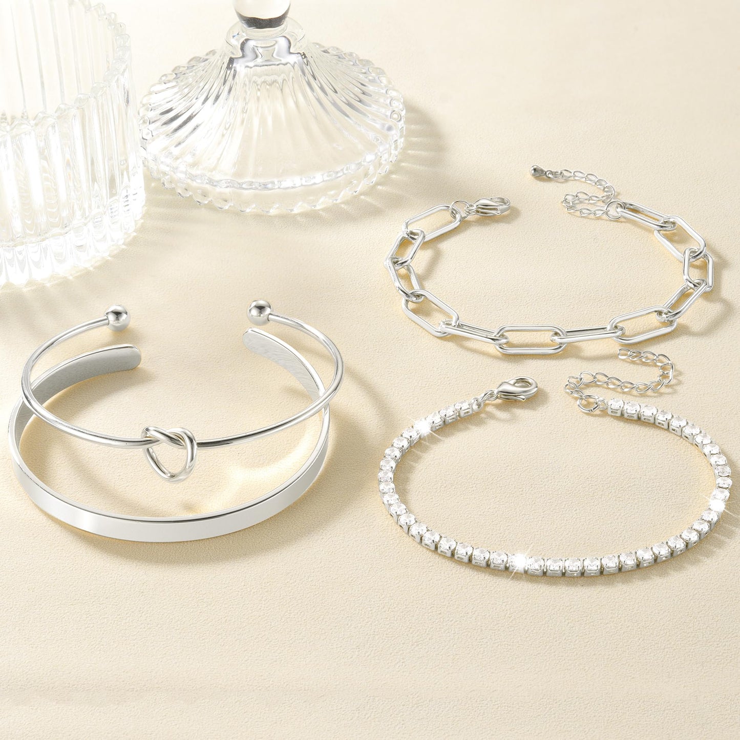 Reoxvo 925 Sterling Silver Plated Tennis Bracelets Stack for Women Silver Bangle Cuff Bracelets Set for Women
