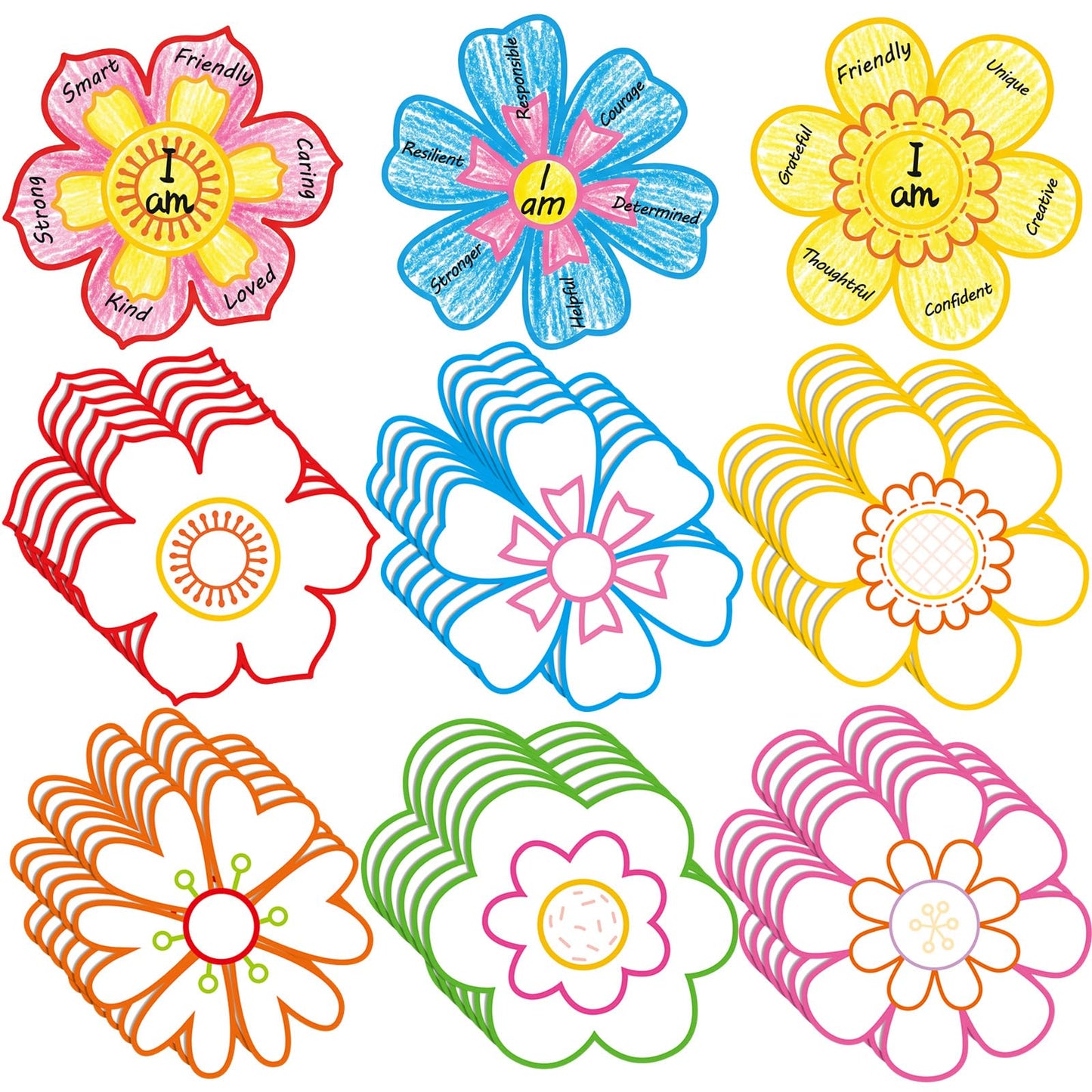 Motipuns 36 Pcs Affirmation Floral Craft 11 Inch Pre Cut Affirmation Floral Back to School Craft Kit for Positive Message Flower for Classroom Home Social Emotional Learning Activities