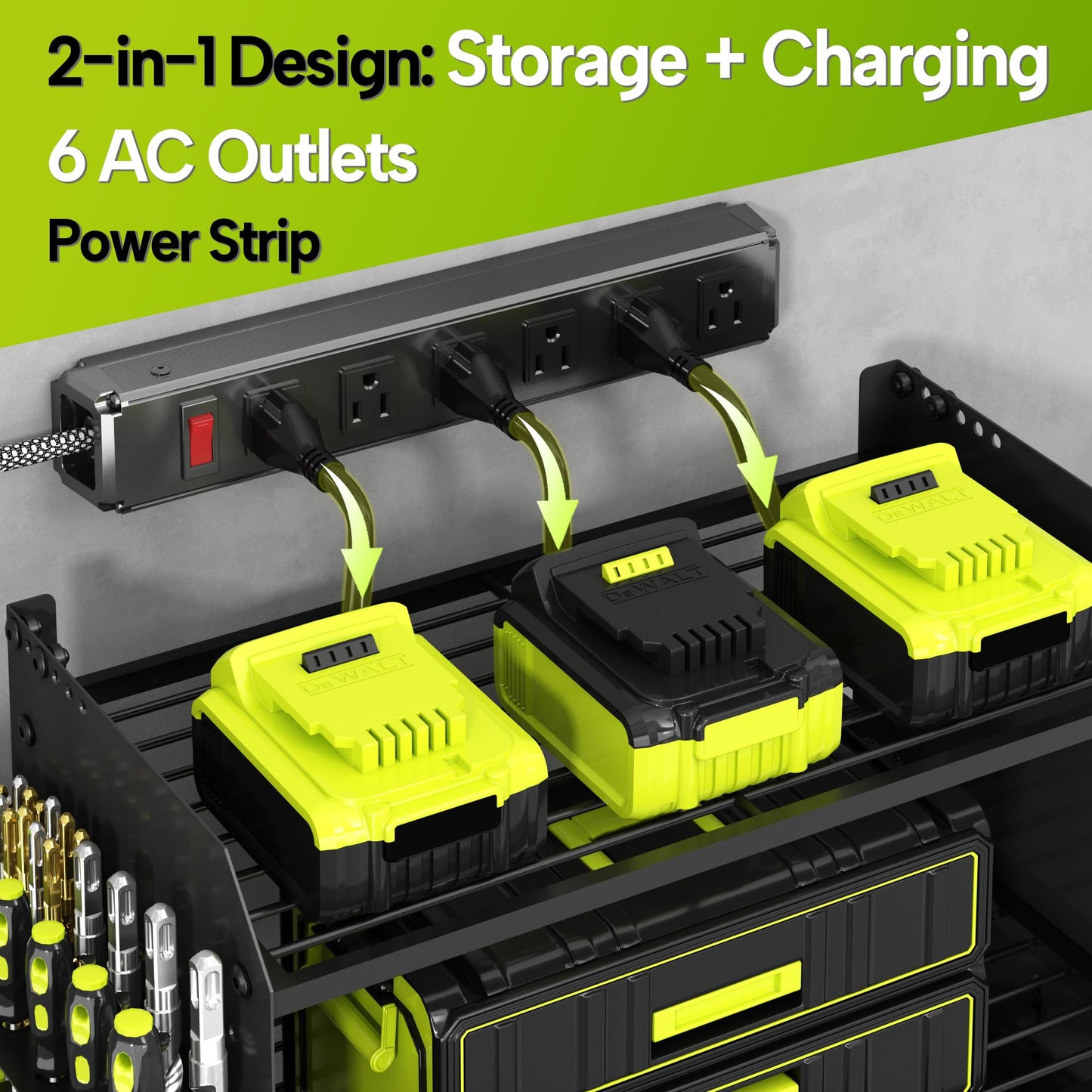 CFMASTER 4 Layer Heavy Duty Power Tool Organizer Wall Mount with Charging Station, Adjustable Metal Storage Rack, 6 Outlets Strip, Drill Holders, Hooks & Drill Bit Rack for Garage, Workshop, Black
