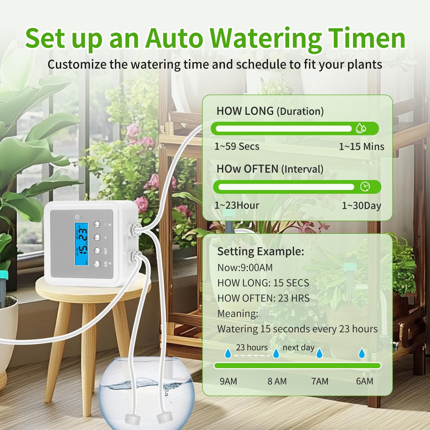 DAOTAILI Smart Automatic Plant Watering System for 20 Pots - Dual Pump Indoor Drip Irrigation Kit with 30-Day Programmable Timer & USB-C Charging