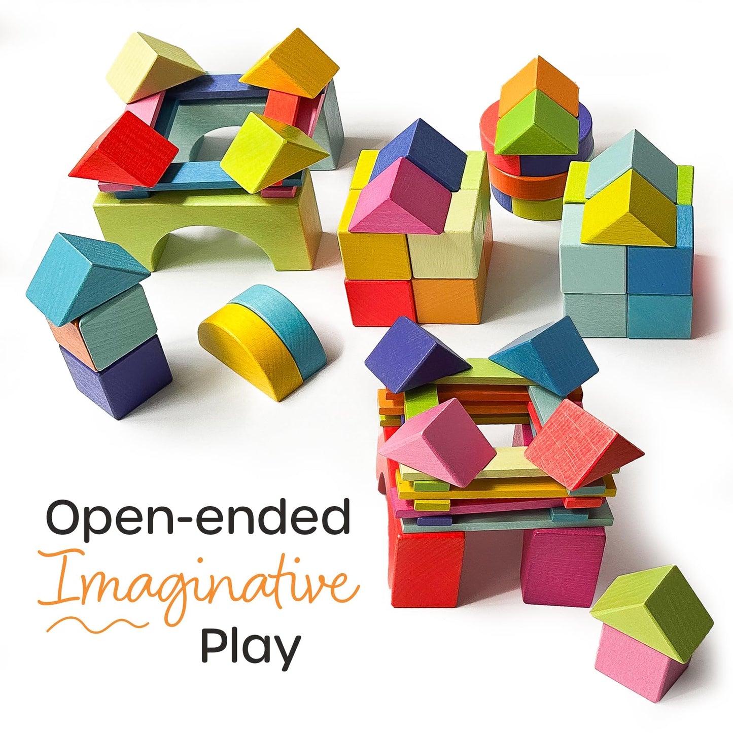 Quiggly Montessori Wooden Rainbow Building Blocks Set | 68-Piece Educational STEM Toy for Toddlers | Includes Storage Box with Carry Handles | Ideal for Ages 12-48+ Months (Wooden Storage Box)