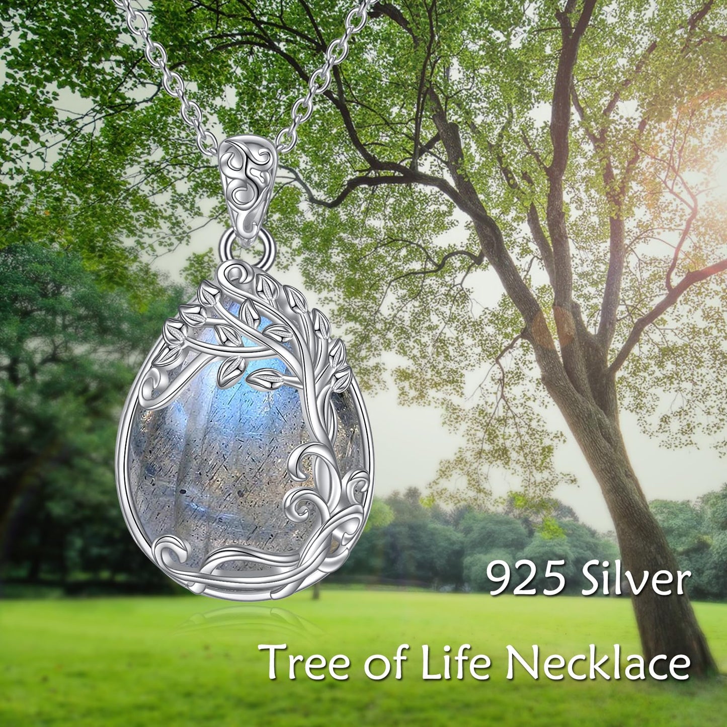 YAFEINI Sterling Silver Labradorite Tree of Life Teardrop Pendant Necklace
