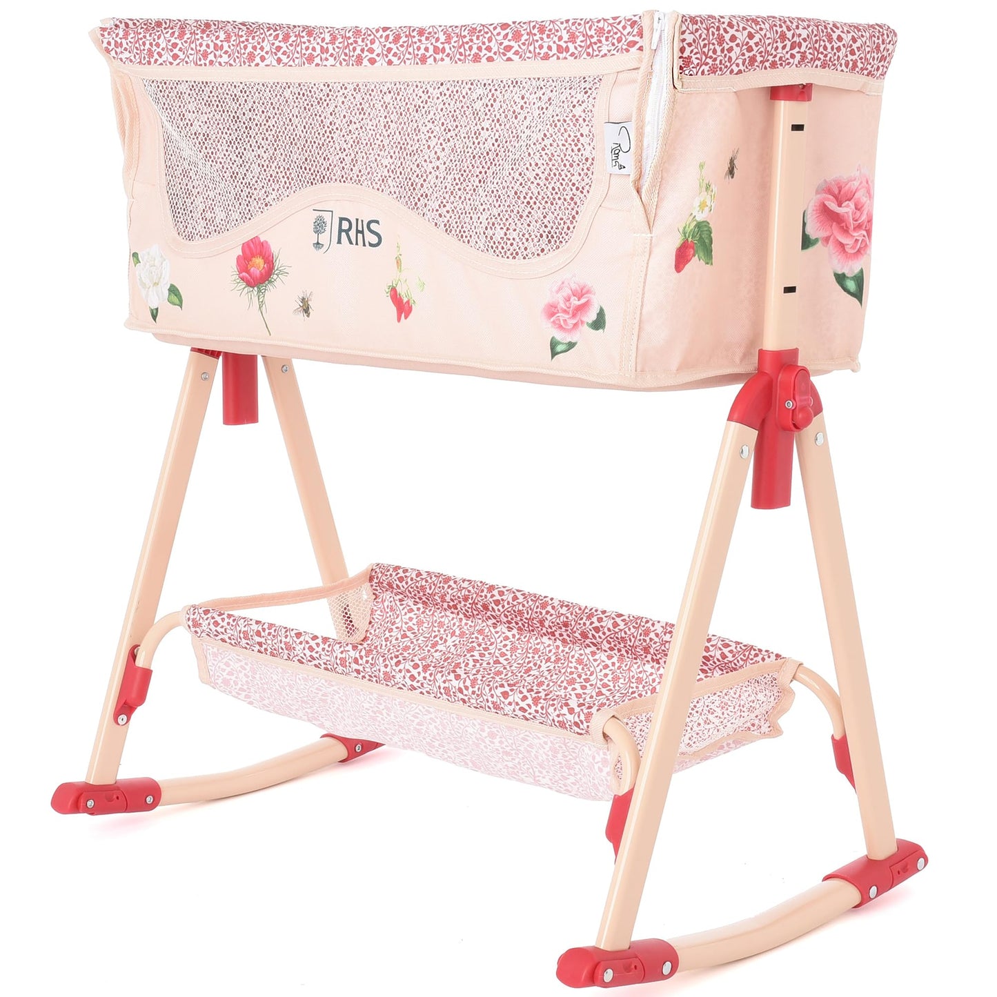 Roma Prams: RHS Doll Bedside Crib - Flora - Cream & Red, Rocking & Stationary, Bedtime Accessory, Adjustable Height, Storage, Roleplay Toy, Kids 3+
