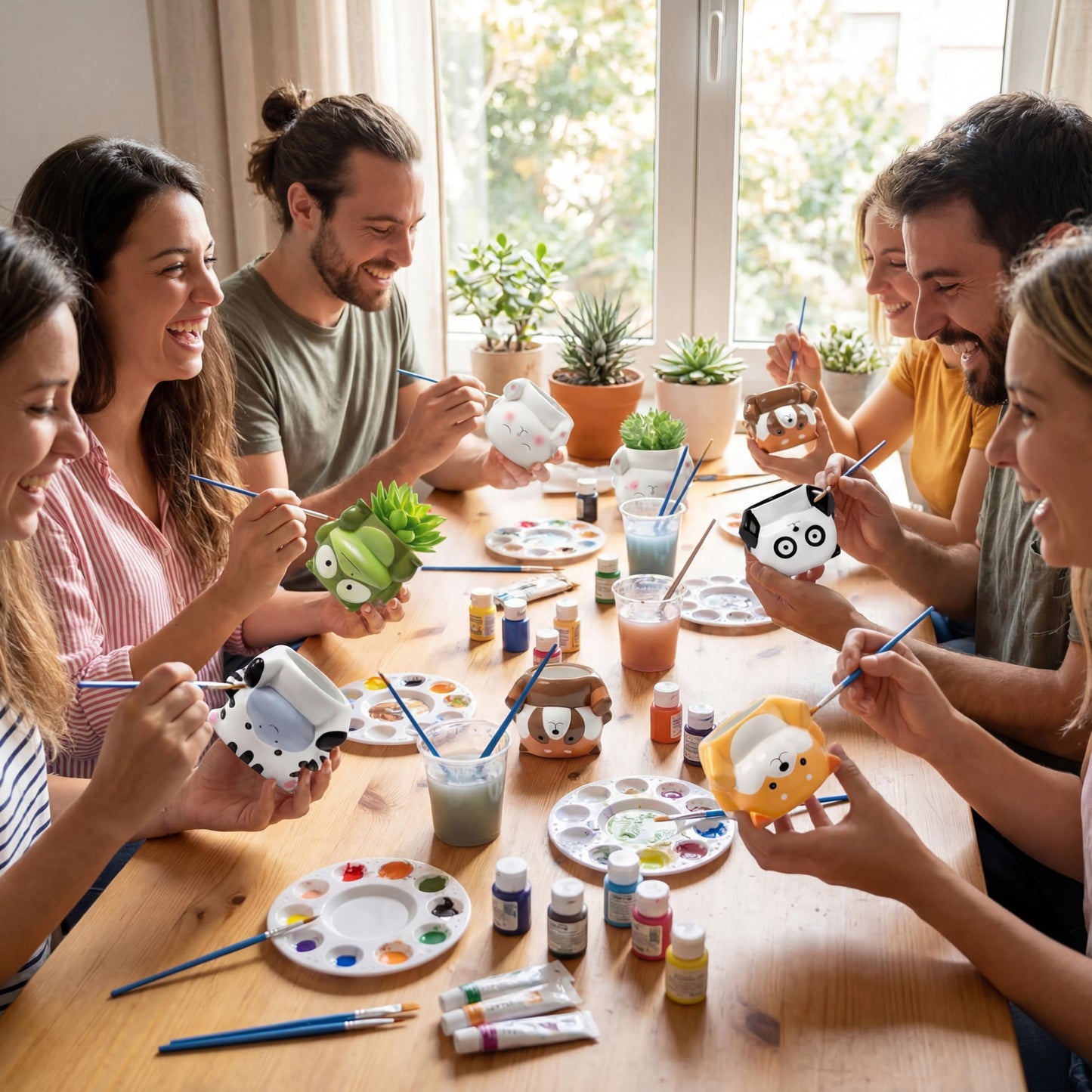Chuangdi 12 Sets Ceramics to Paint 12 Style DIY Ceramic Succulent Planter Pots Unpainted Bisque Flower Pots Paintable Craft with Drainage Hole, Paints, Brushes, Palettes