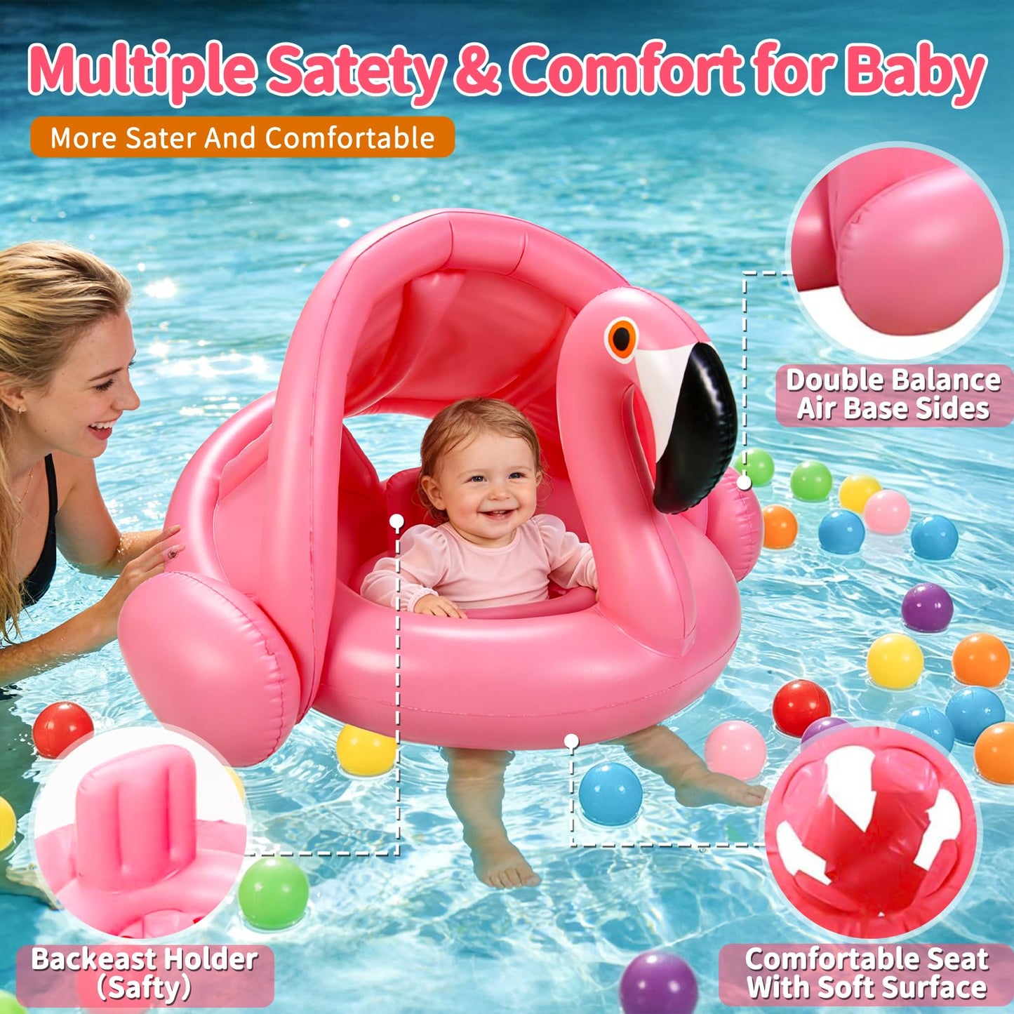 Flamingo Baby Pool Float with Canopy UPF 50+,Toddler Pool Float with Removable & Adjustable Sunshade,Inflatable Baby Swim Float with Back Holder for 8-36 Months Girls Boys Summer Essentials