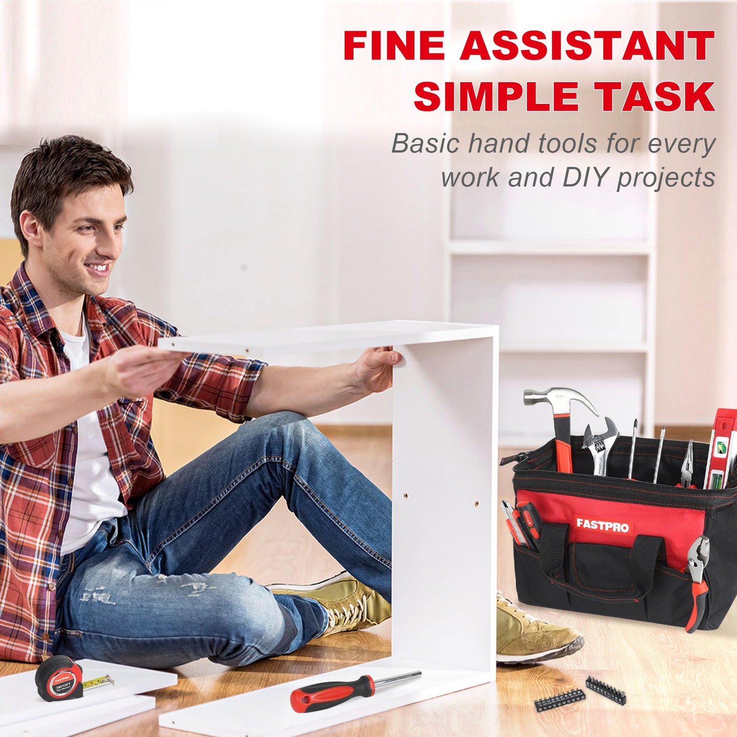 FASTPRO 220-Piece Home Tool Set, Household Repairing Tool Kit with 12-Inch Wide Mouth Open Storage Tool Bag, Red