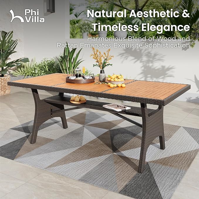PHI VILLA Outdoor Dining Set for 8, Rectangular Rattan Table with Acacia Wood Top & Wicker Chairs with Cushions, 74” Large Modern Furniture Set for Patio, Deck, Backyard, Porch