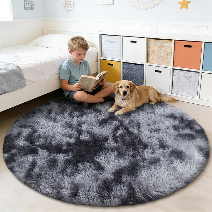 Tie-Dyed Black Fluffy Round Rug,Soft Area Rugs for Girls Room,Shaggy Rugs 5'X5' for Living Room,Non Slip Circle Rug for Kids Bedroom,Shag Plush Nursery Rug,Plush Carpet for Dorm,Cute Furry Room Decor