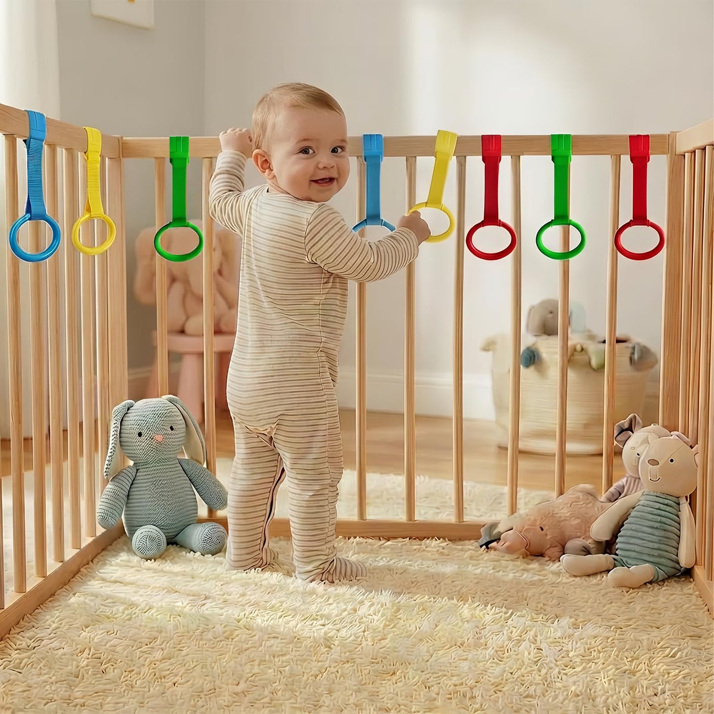 LBOYO 8Pcs Baby Playpen Pull up Rings, Premium Baby Pull up Rings for Play Pen Standing up, Plastic Safety Walking Exercises Assistant Rings for Infants Babies Toddler, 4 Colors.