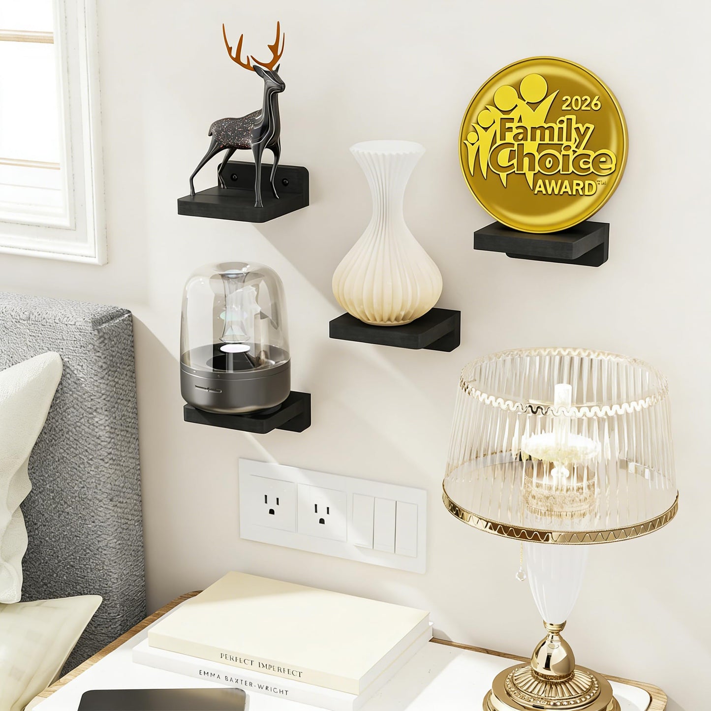 SRIWATANA Small Floating Shelves Wall Mounted, Wood Shelf for Decoration and Storage Set of 4, Mini Display Shelf for Bedroom, Bathroom, Kitchen, Office (Black, 4 inch)