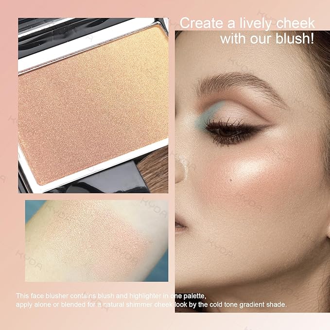 KYDA Cool Tone Shimmer Blush, Gradient Cinnamon Apricot Color, Micro-fine Shimmer Powder Blush, Soft Buildable Cheek Color, Lightweight Smooth, Multiuse Blusher Compact