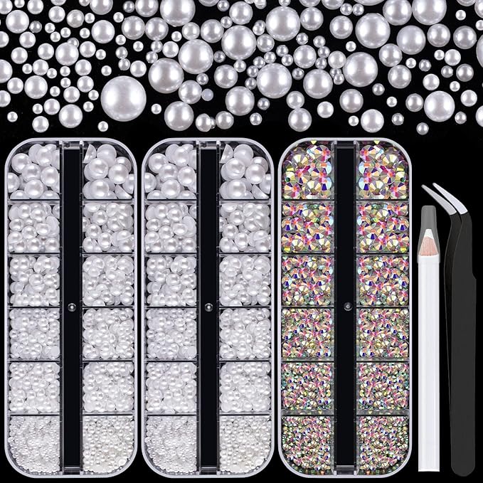4000PCS Flatback Rhinestones and Half Round Pearls Kit #40, Multi Size Glass AB Crystals, Plastic Flat Back White Dome Bead with Pickup Pencil and Tweezer for Nail Art