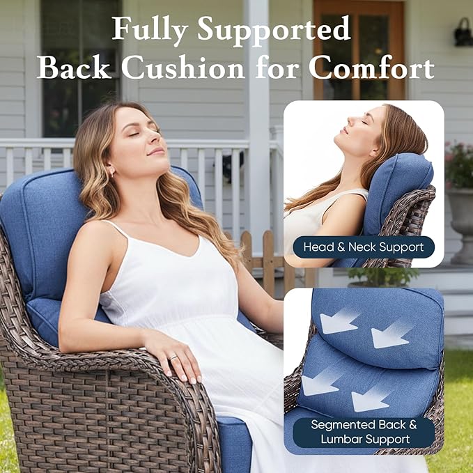 Belord Luxury 6" Thick Cushioned 10 Pieces Patio Furniture Set with Outdoor Couch, Wicker Outdoor Conversation Set with High Back Swivel Rocker Chairs for Deck Porch Yard and Poolside - Brown+Blue