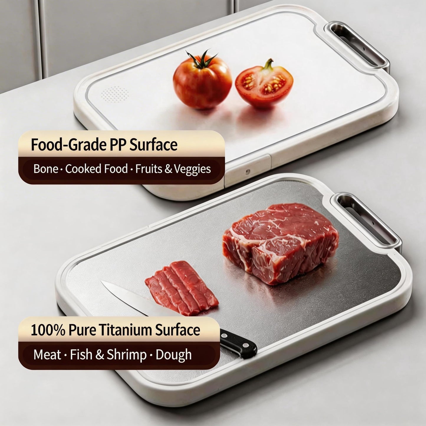 Titanium Cutting Board – 100% Pure Titanium & Food-Safe PP Surface (16"x10.3") – 2-in-1 Chopping Board for Raw Meat and Veggies, with Anti-Slip Feet, Juice Groove, Easy to Clean,Large Size 1 PCS