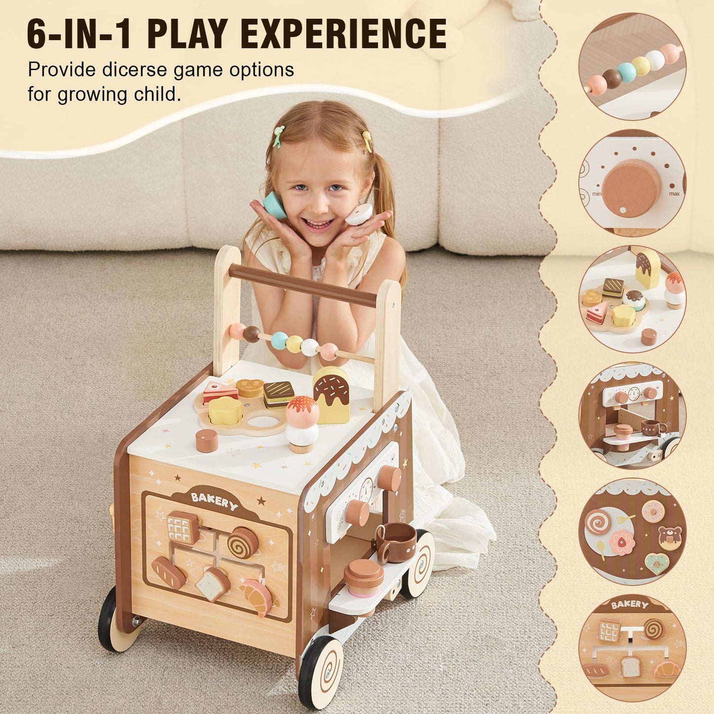 Wooden Baby Walker Push Walker with Adjustable Speed, Montessori Bakery Toy Walker with Coffee Machine & Play Food for 1 Year Old, First Birthday Gift