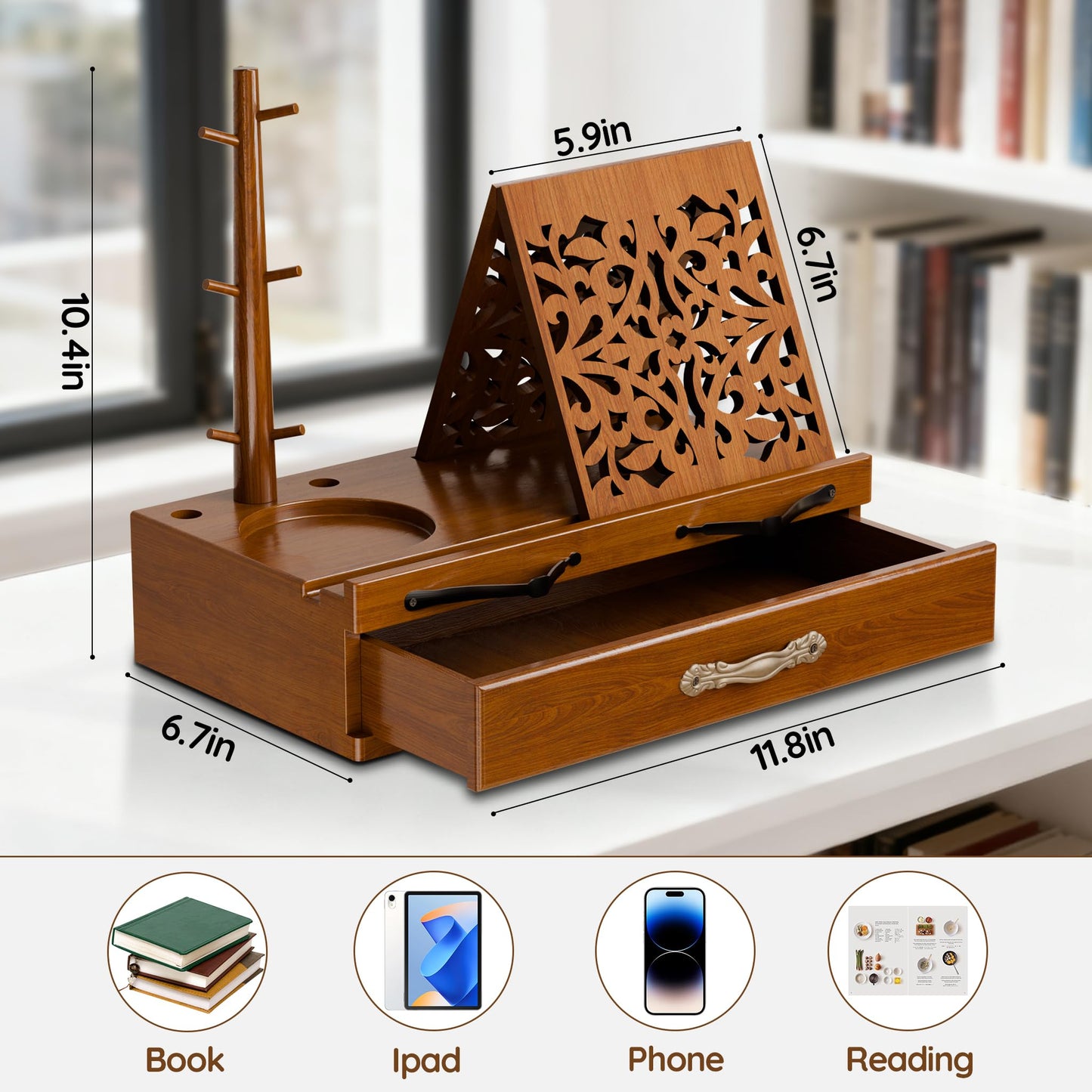Adjustable Wooden Book Stand with Storage - Multi-Function Hands Free Book Holder for Books, Tablets & Recipes with Cup Slot, Pen Groove & Page Holder - Perfect Kitchen Counter & Gifts for Book Lovers