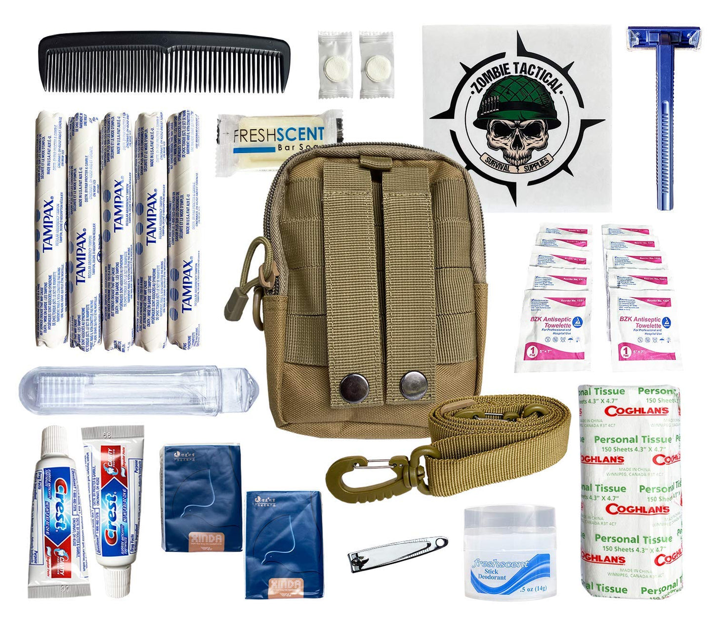 Premium Survival Hygiene Kit – Camping Hygiene Supplies – 72 Hour Kit – MOLLE Pouch – Emergencies, Bug Out Bags, Hurricanes – Disaster Preparedness Hygiene Kit – Car Window/Laptop Sticker Included