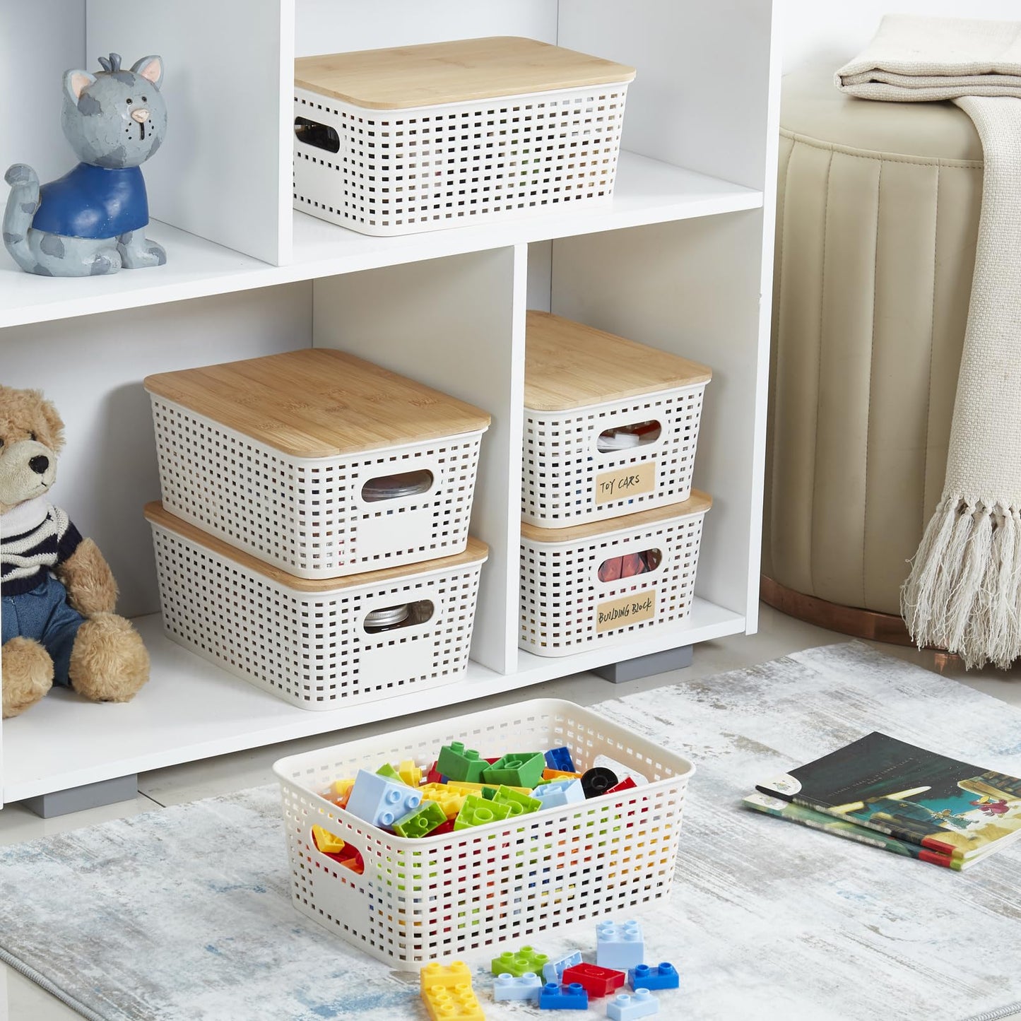 Bagnizer Small Plastic Storage Bins with Bamboo Lids 5.2qt Stackable Box Basket Pantry Decorative Containers Cute with Labels for Organizing Desktop Closet Office Cream White of 6 packs 10*7.2*4.1"