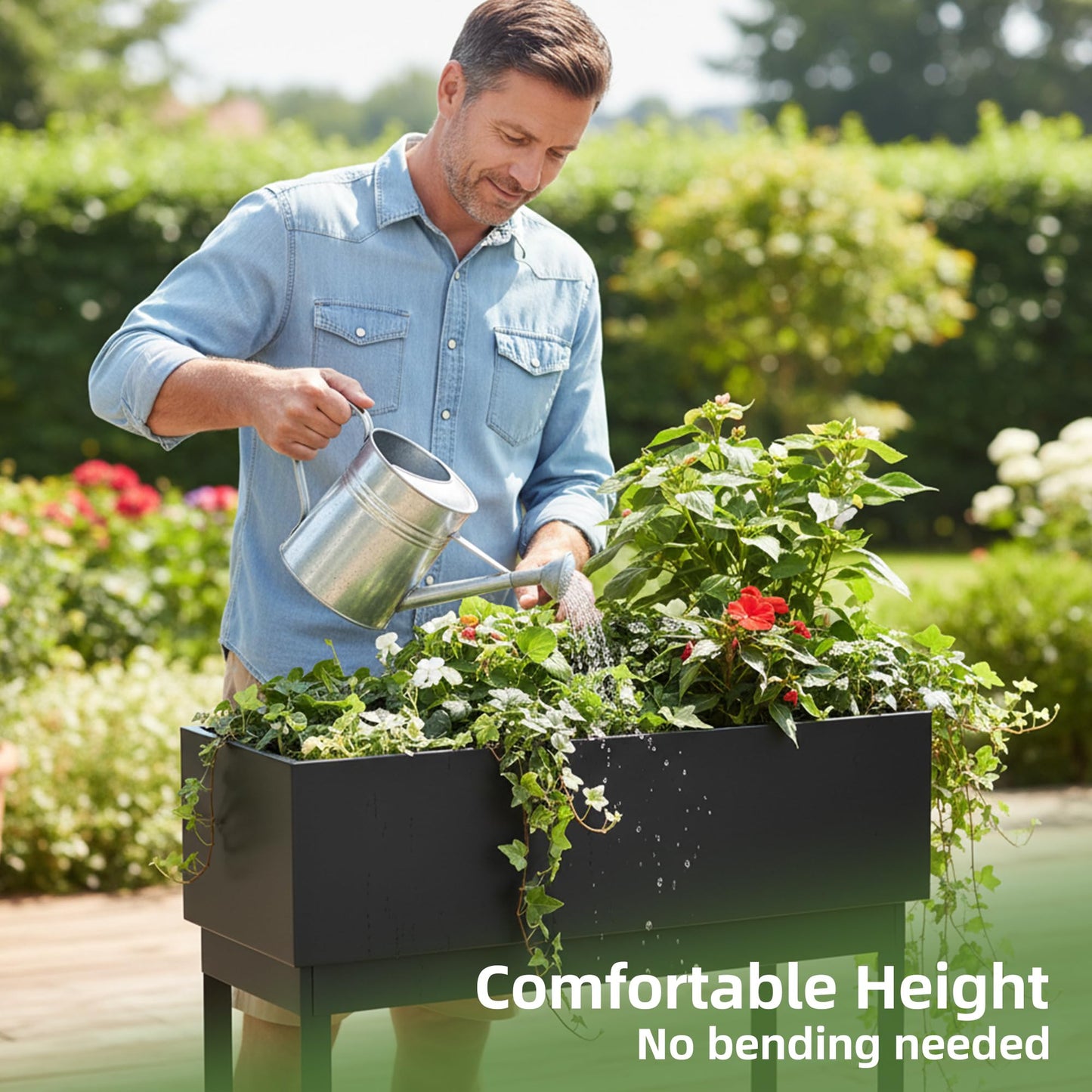 WORTH Raised Metal Planter Box with Legs, 28" Elevated Garden Bed for Indoor & Outdoor Use – Matte Black Galvanized Steel Planter with Inner Shelf, Drainage Hole & Plug for Vegetables, Flowers & Herbs