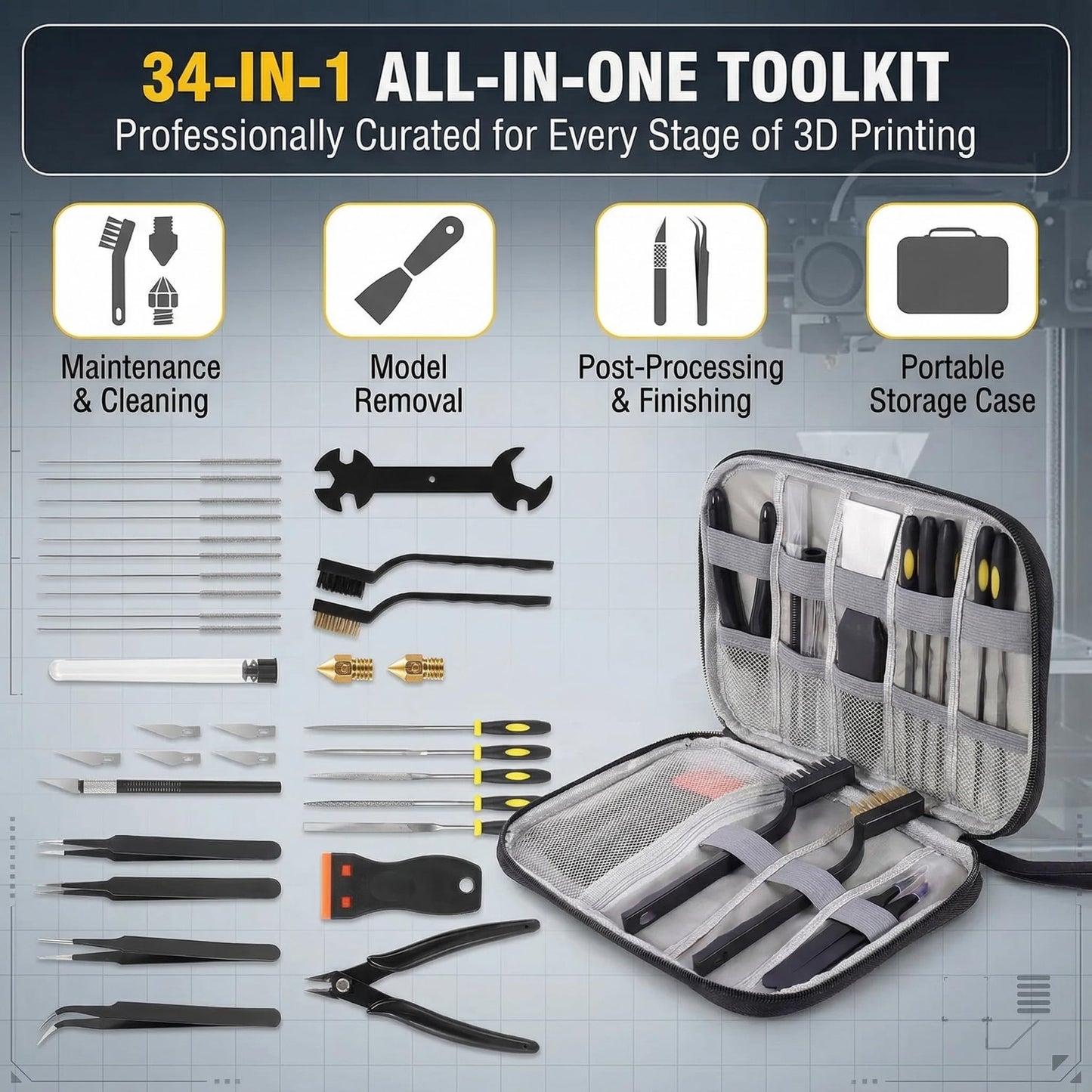 GEYUTHS 34 in 1 3D Printer Tools Kit Essential Accessories for All FDM & SLA 3D Printers Nozzle Cleaning & Filament Removal Scrapers 5 Types of Files, Brushes, Wire Cutter, Engraving Knife
