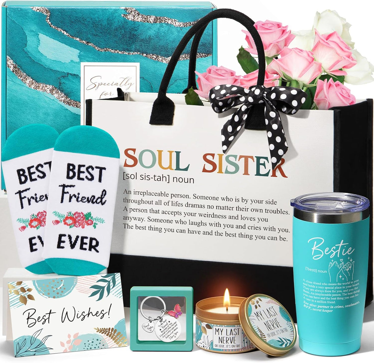 Best Friend Birthday Gifts for Women, Friendship Gifts for Women Friends Female Funny Sister Gift from Sister Christmas Gift Basket for Mom Best Friends Female Bestie Soul Sis BFF w/ Canvas Tote Bag