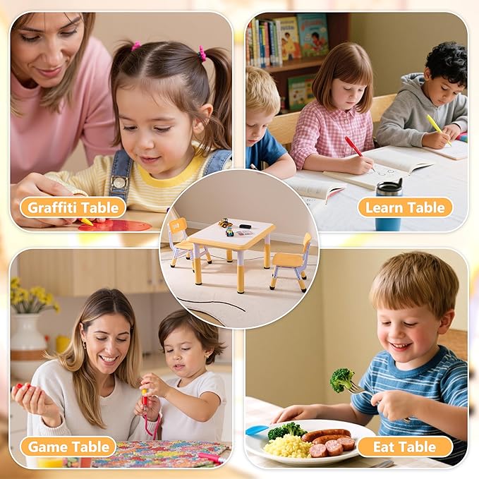 Kids Table & Chairs Set (2 Chairs), Height Adjustable Toddler Table and Chair Set for Kids Ages 3-8 with Graffiti Desktop, Learning & Art Activity Desk for Classroom, Home, Daycare (Natural)