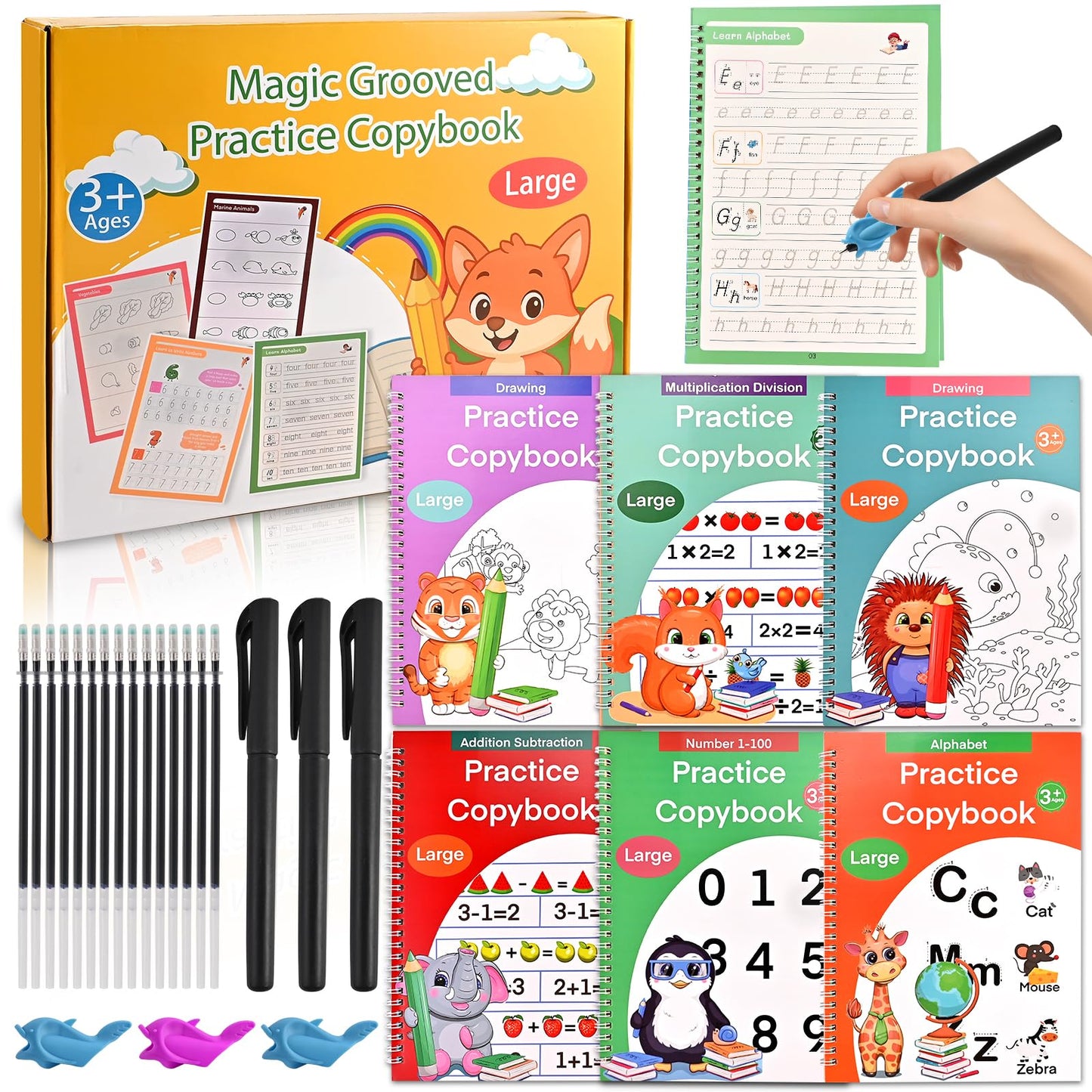 Magic Grooved Practice Copybook for Kids 3-8 - 6 Reusable Handwriting Practice Books with Pens | Letter & Number Tracing, Math & Drawing | Preschool & Kindergarten Workbook Set