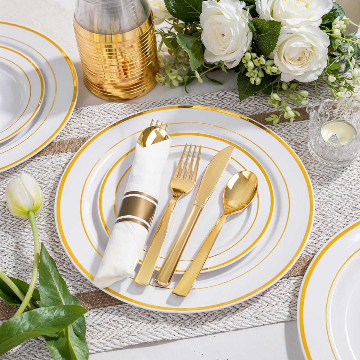 WELLIFE 350-Piece Gold Disposable Plates and Cutlery Set - Premium 10.25" Dinner Plates, 7.5" Dessert Plates, 9oz Cups & Cutlery for Weddings, Catering Events - 50 Guest Service - Elegant & Sturdy