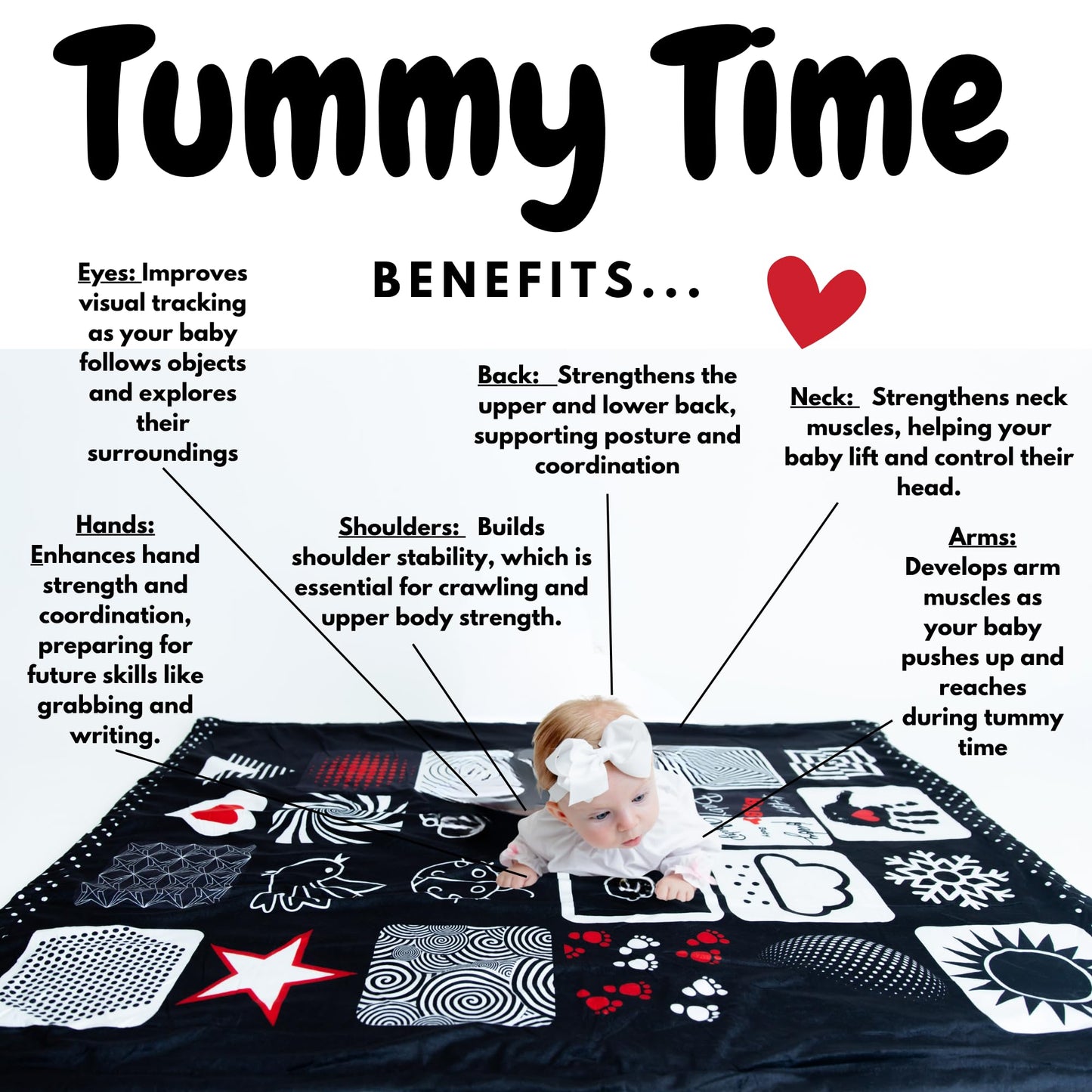 Baby Tummy Time Mat – High Contrast Black White Red Sensory Play Blanket for Newborn Visual Development, Infant Floor Play Area with Sherpa Backing, 50” x 60”