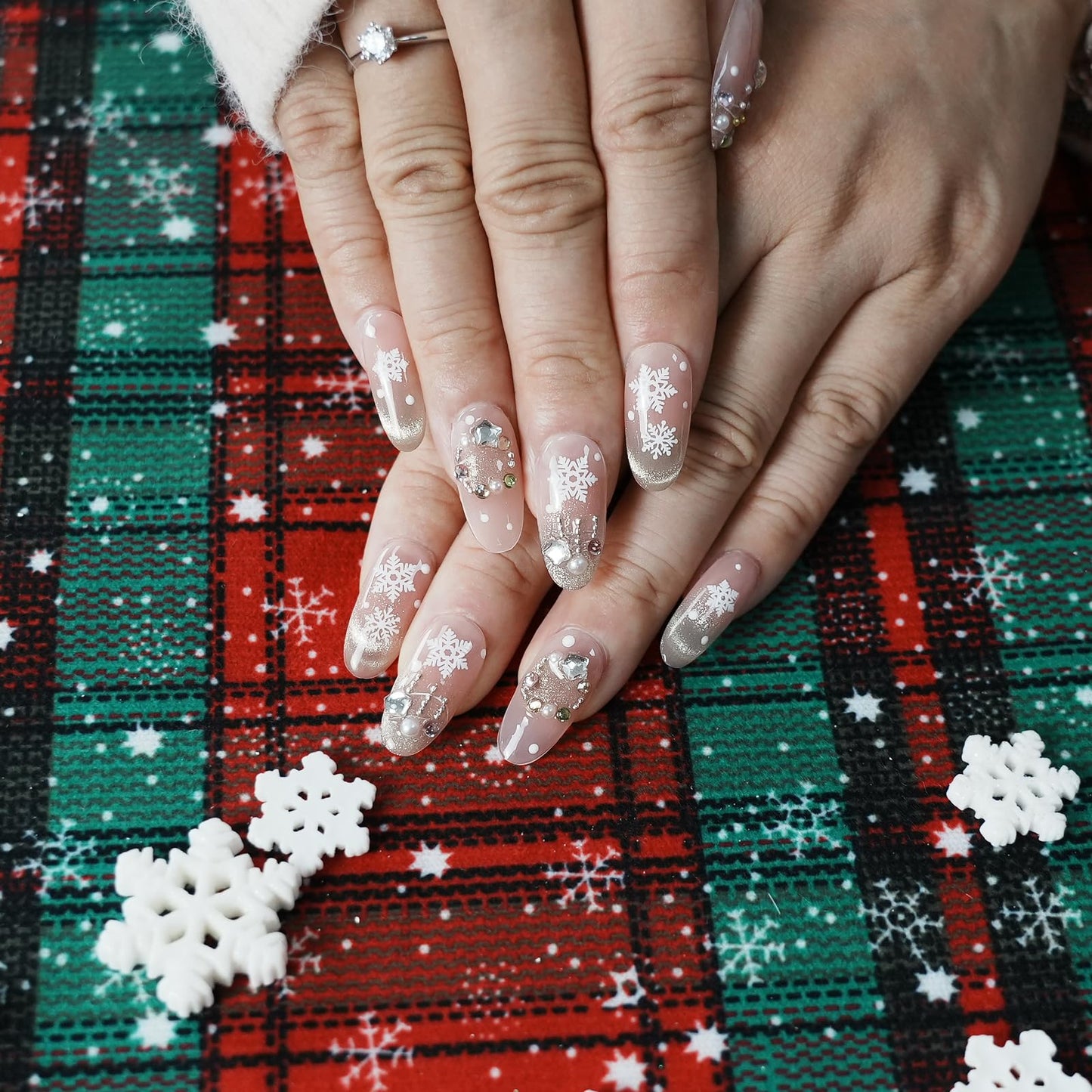 Tesytto Handmade Press on Nails Short Almond - Luxury 3D Texture Pearl Tree & Snowflake Design, Nude Pink Cat Eye Gold French Tip Fake Nails (Ice Christmas,S)