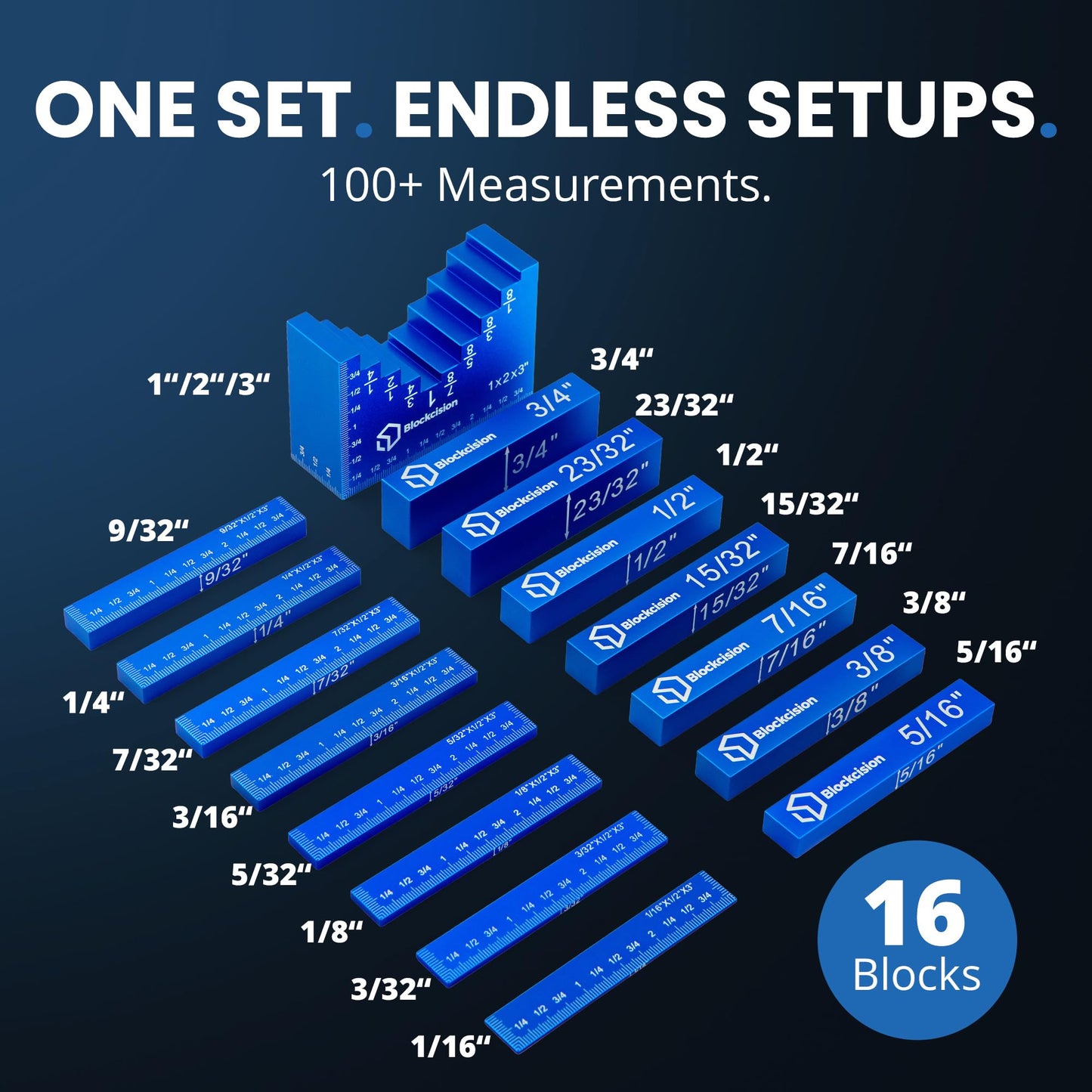 ELEON Blockcision Setup Blocks Woodworking Tools 16 PCS - Height Gauge Set with Easy Spacer Block - Stepped Level Design - Precision Ruler-Marked Setup Bars for Router Table Saw Accessories with Case