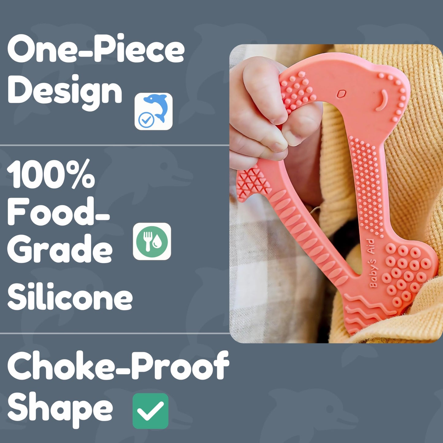 Silicone Baby Teether - Dolphin | 8 Teething Relief Textures, 100% Food-Grade, Easy to Hold & BPA Free Silicone Teethers for Babies, Baby Teething Toys, Soft Chew Toy for Babies Ages 3M+, Baby’s Aid