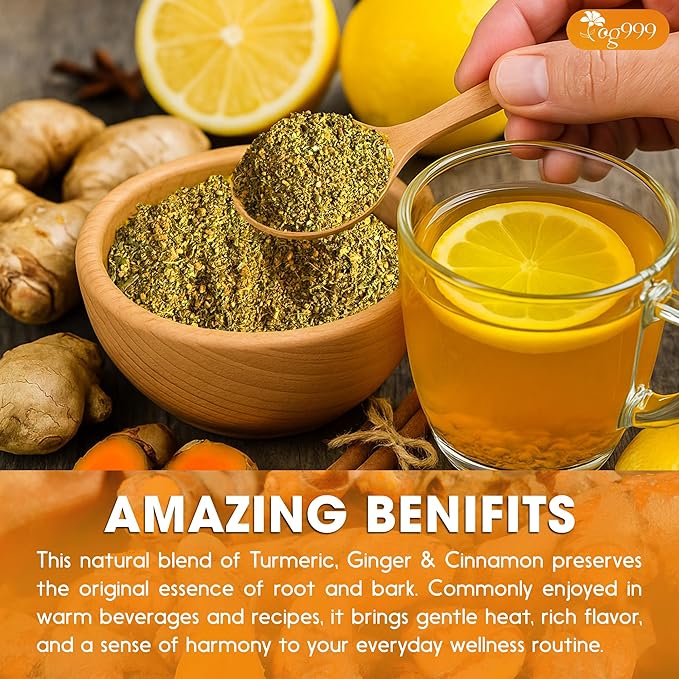 TOG999, Premium 20oz/330 cups Ginger Turmeric Cinnamon Loose Leaf Herbal Tea. Improve Digestion, Support Brain, Weight, Skin and Sleep. Premium Quality Spiced Blend. No Sugar, No Caffeine, No Gluten, Vegan.