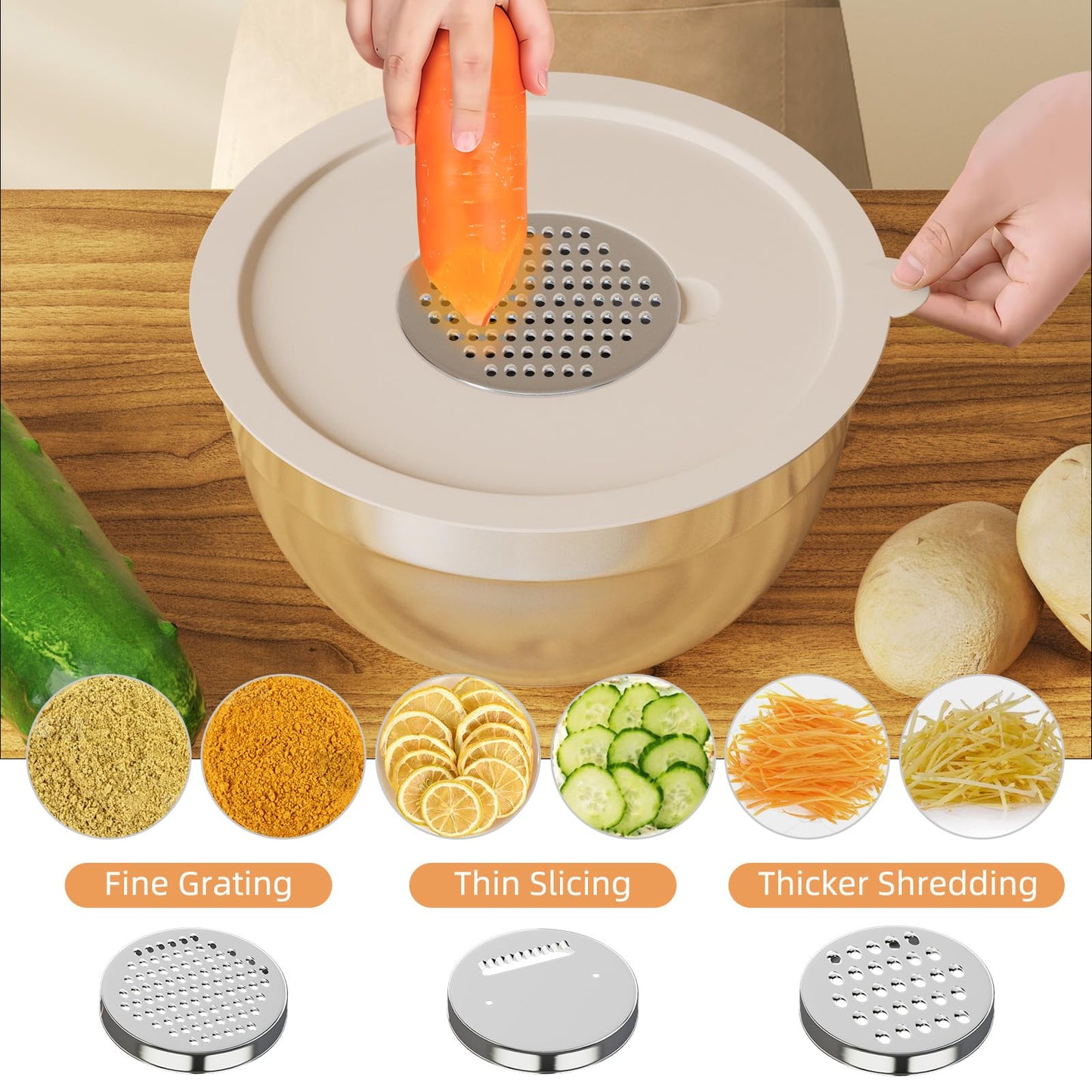 Fyrnova Mixing Bowls with Lids Set, 6 Piece Stainless Steel Nesting Storage Bowls for Kitchen, with 3 Grater Attachments & Non-Slip Bottoms, Size 5.5,3.5,2.5,2.1,1.5,1.1 QT