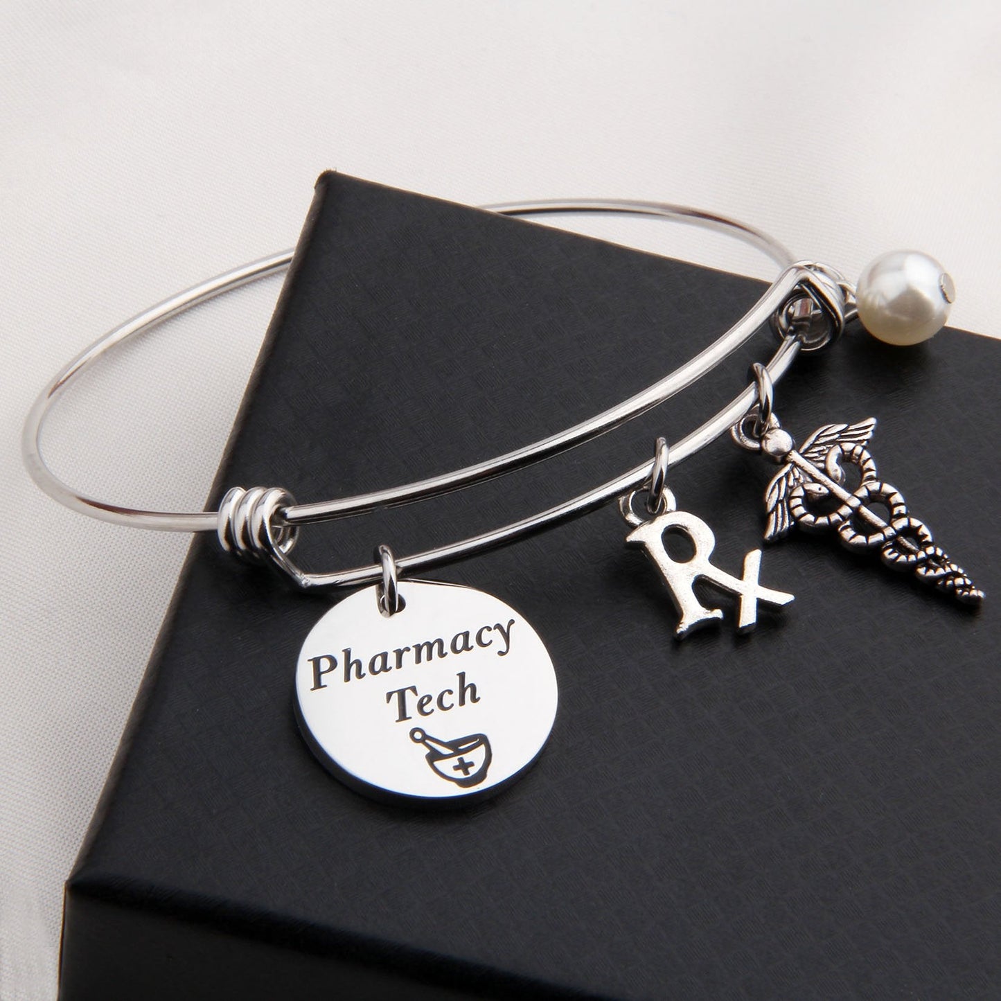LQRI QIIER Pharmacy Tech Gift Pharmacy Technician Bracelet Expandable Wire Bangle RX Jewelry Gift for Pharmacist (Silver)