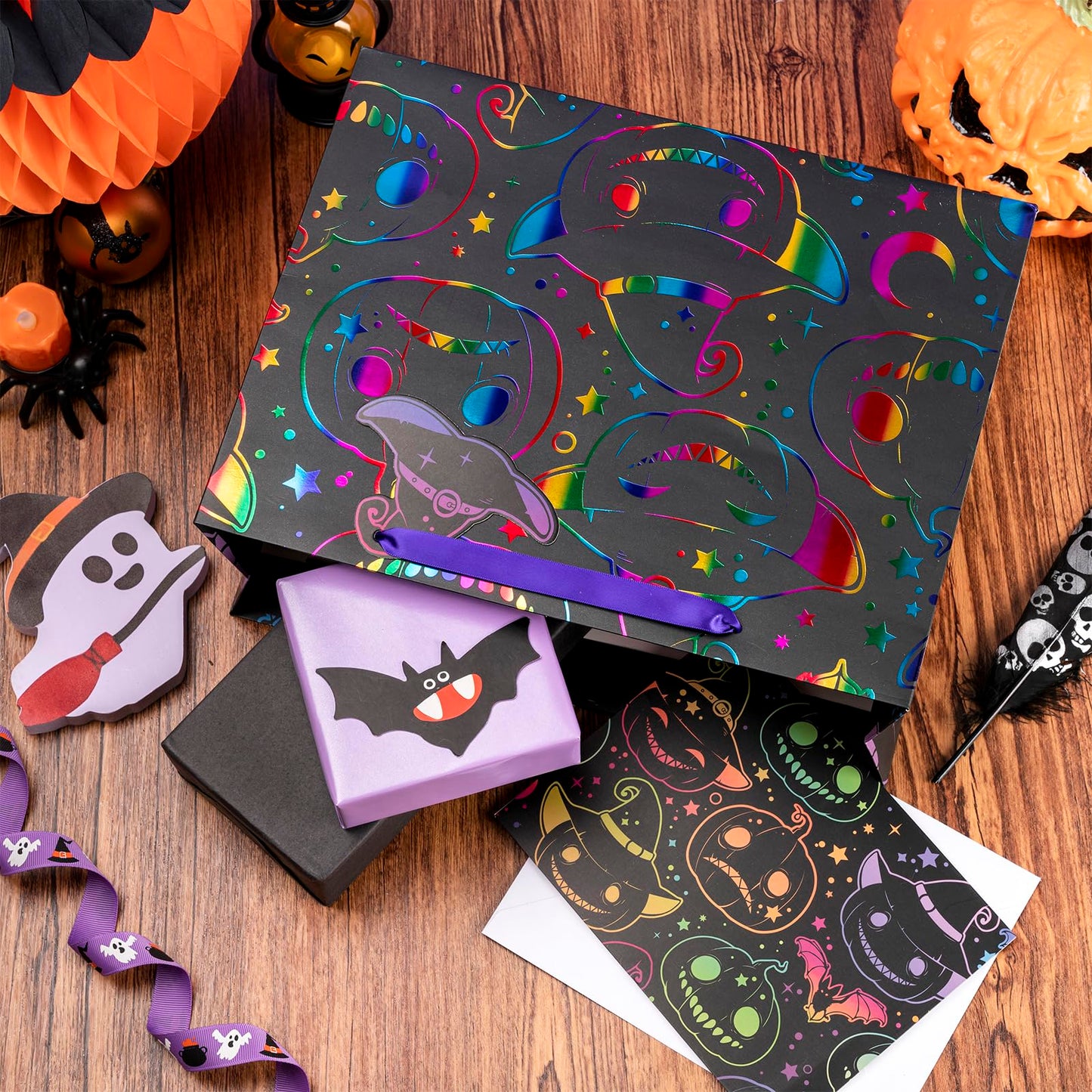 LeZakaa Halloween Wrapping Paper Roll 13" Gift Bag with Tissue Paper, Gift Tag, and Card, Evil Pumpkin Fluorescent Black Design