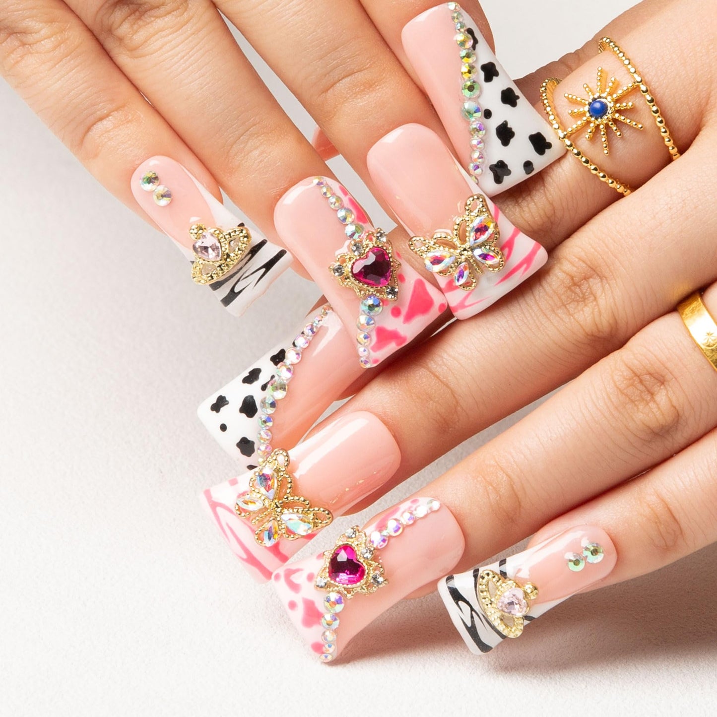 LOVFUL Press on Duck Nails Salon Quality Rolling Luxe Curve | Handmade Acrylic with Full Covered Crystals | Reusable Fake Nails | Duck Classic Regular 1.3 in | H144-L