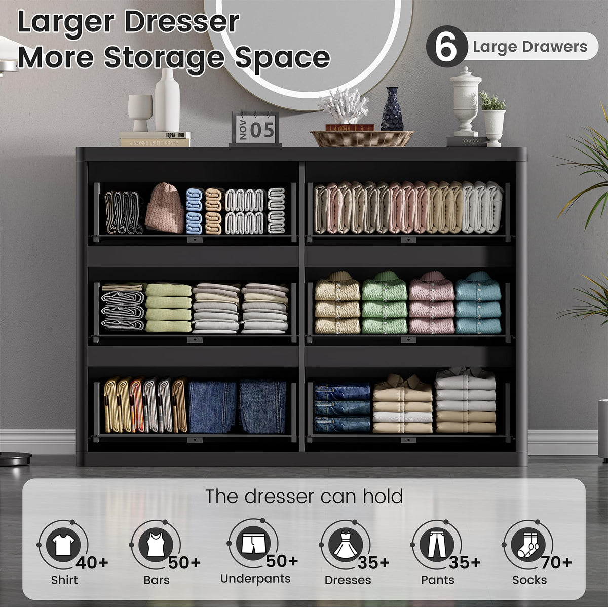 Black 6 Drawers Double Dresser