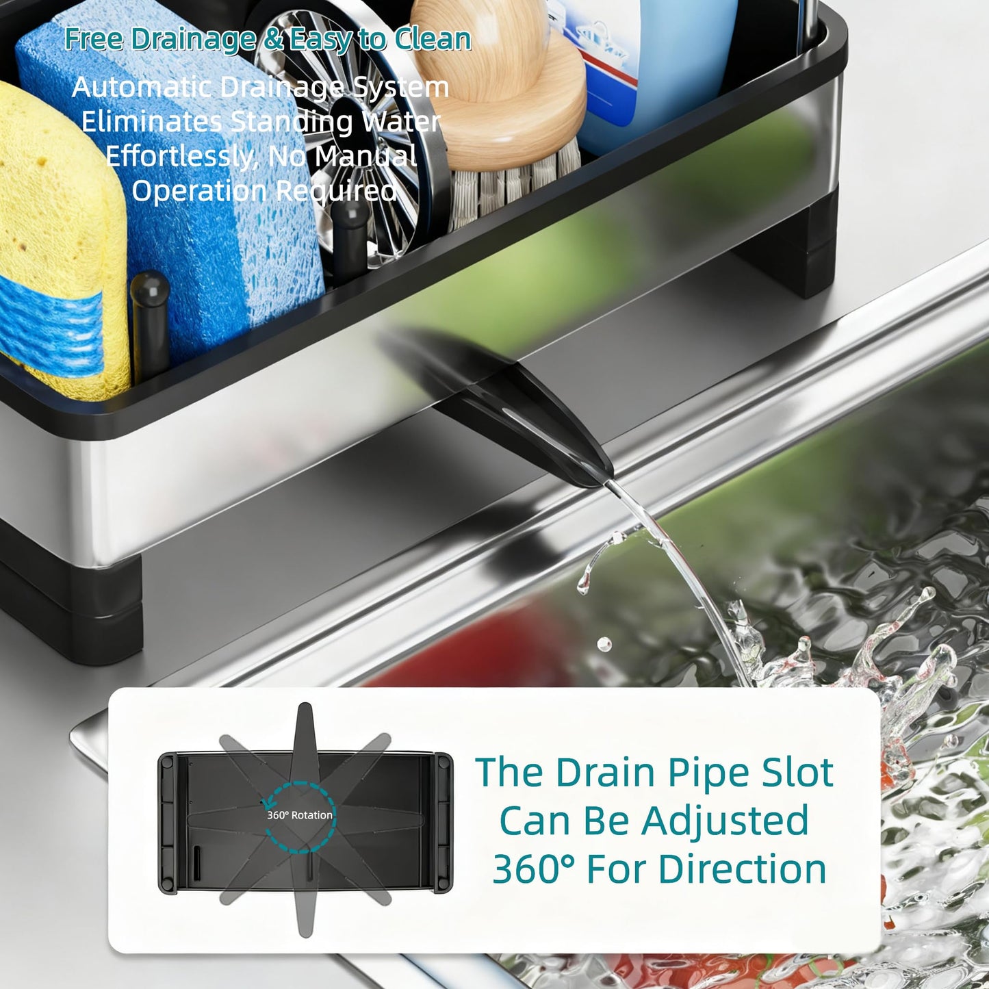 304 Stainless Steel Sink Caddy with Auto-Drain, Rustproof Sink Organizer, Sponge Holder with Removable Brush Holder & Towel Rack, Countertop Storage for Dish Soap Dispenser, Kitchen Sink Accessories