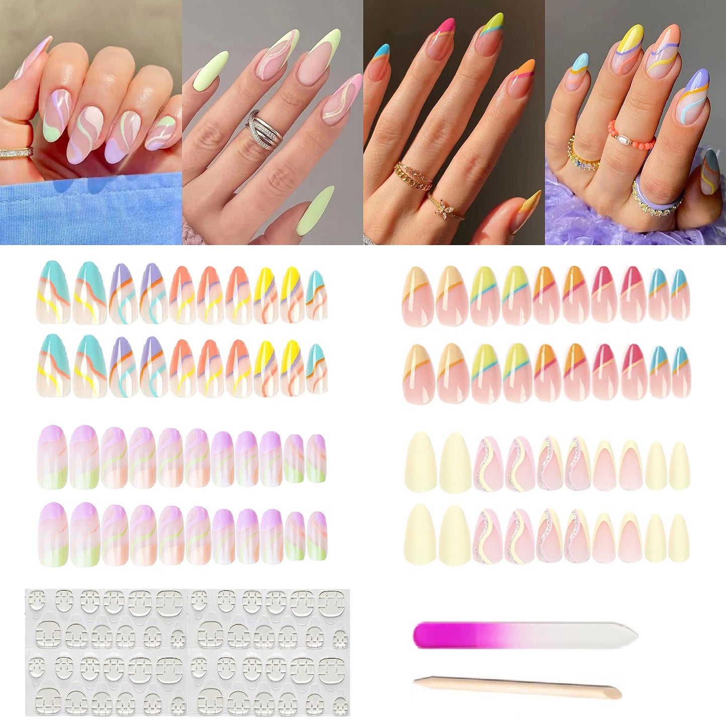 4 Packs (96 Pcs) Press on Nails Medium Almond Design, MMonesu Fake Nails Glue on Nails Set with Adhesive Tabs Nail File for Women
