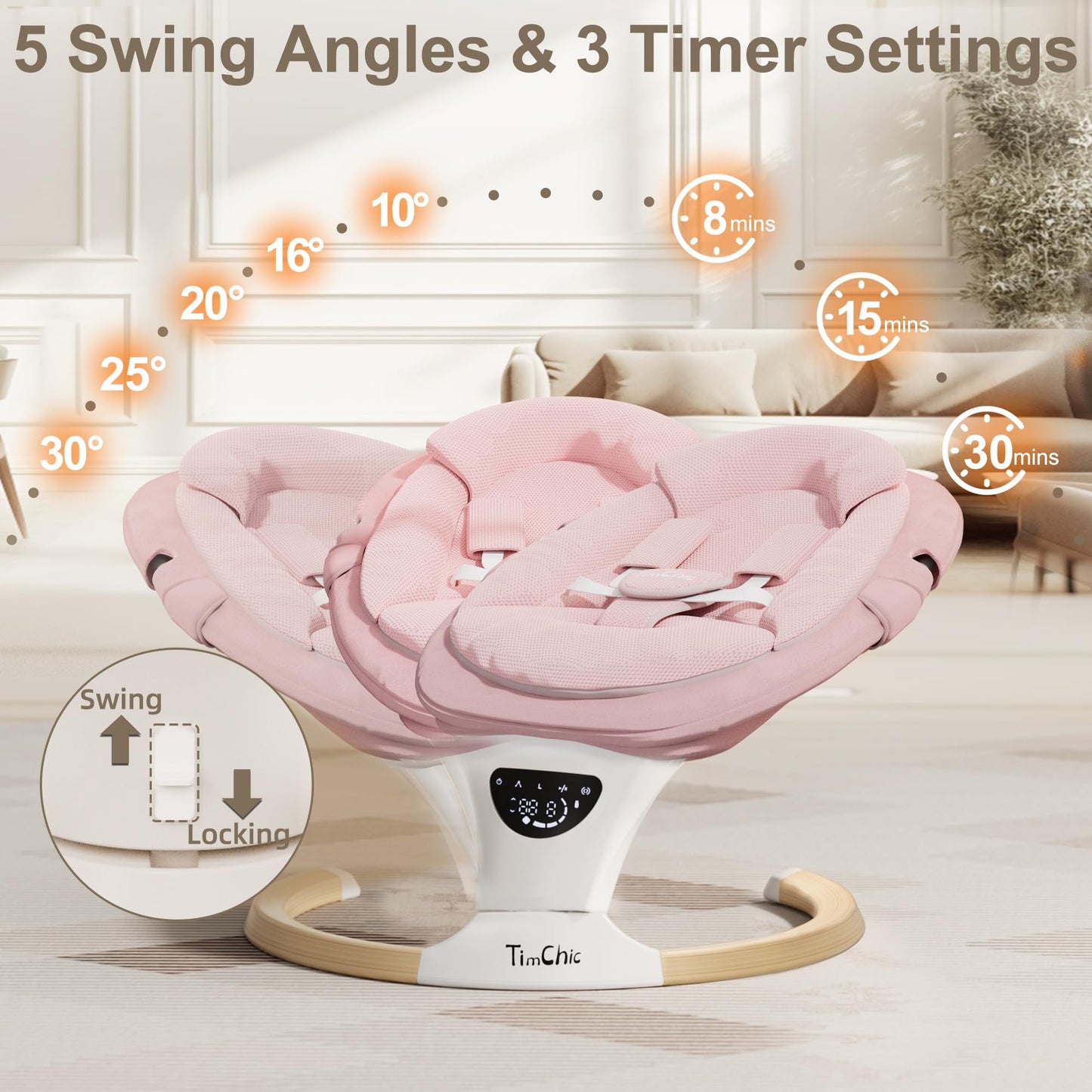 TimChic Baby Swings for Infants, Portable Infant Swing with 5-Speeds, 3-Adjustable Height, 3 Timer & 12 Lullabies, Mutil-Function Electric Swing for Baby, Indoor & Outdoor Use (Pink)