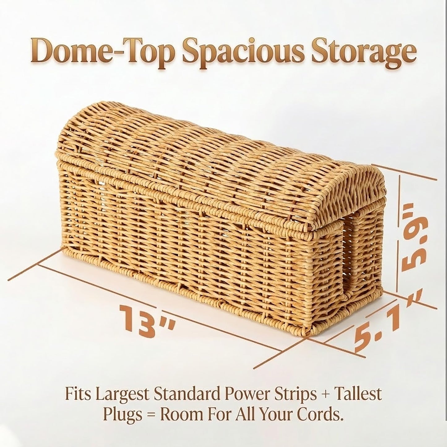 Handwoven Rattan Cable Management Box - Box to Hide Cords and Power Strip, Treasure-Box Dome-Top, Metal Baked Enamel Skeleton, Decorative Home Organizer