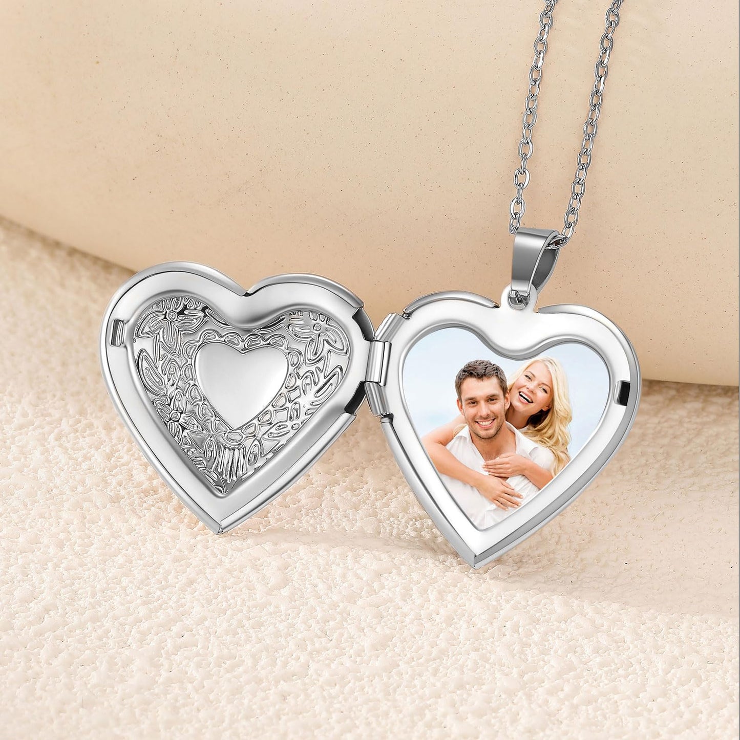 PHOCKSIN Silver Heart Locket Necklace Flower Engraved Personalized Love Heart Necklace that Holds Pictures Customized Gifts Locket Necklaces for Women