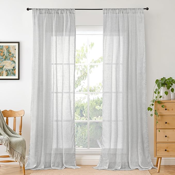 BGment Curtains 84 Inch Length 2 Panels Set for Living Room, Light Grey Linen Window Drapes Semi Sheer Lightweight Rustic Textured for Farmhouse Bedroom Light Filtering Rod Pocket, Each 42 Inch Wide