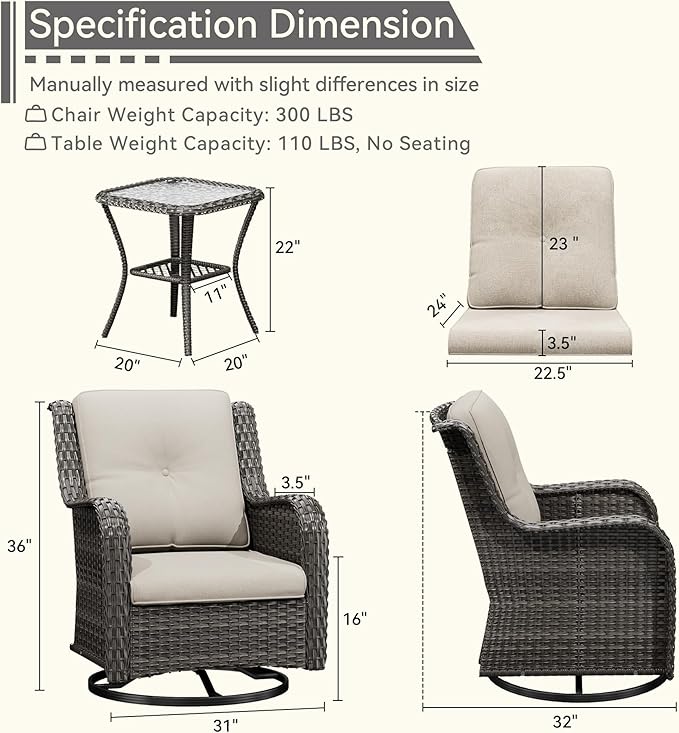 2 Pieces Outdoor Swivel Rocker Patio Chairs Set - Outdoor Wicker Patio Conversation Sets with 1 Side Table, Olefin Fabric Cushions Suitable for Backyard Deck and Porch, Beige