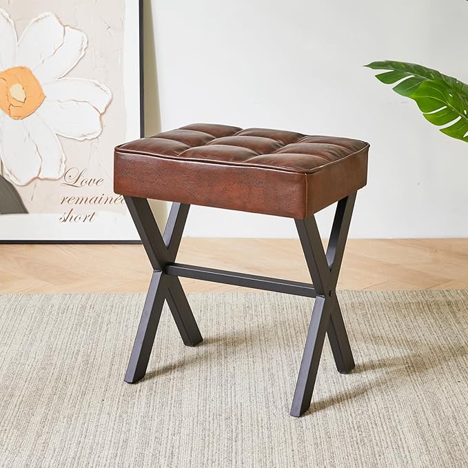 IBUYKE Square Makeup Stool with X-Leg Foot Rest, PU Footrest, Ottoman Seat Vanity Stool, Multi-Use as Small Side Table, for Bedroom, Living Room, Dark Brown LG-71Z